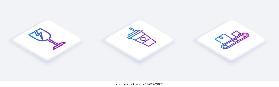 Set Isometric line Fragile broken glass symbol, Coffee cup  and Conveyor belt with cardboard box . White square button. Vector