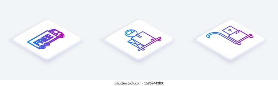 Set Isometric line Free delivery service , Scale with cardboard box  and Hand truck and boxes . White square button. Vector