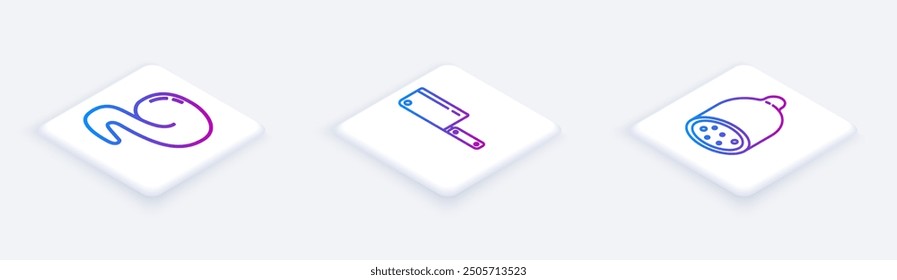 Set Isometric line Fried chicken wing, Meat chopper and Salami sausage. White square button. Vector