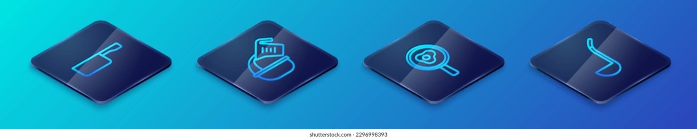 Set Isometric line Fried eggs on frying pan, Frying, Kitchen ladle and Measuring cup and bowl icon. Vector
