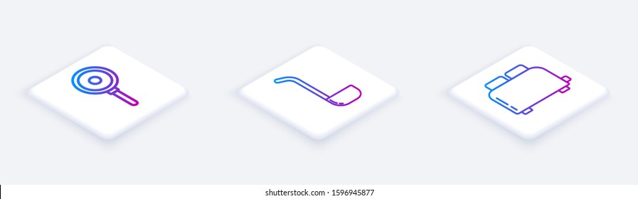 Set Isometric line Frying pan , Kitchen ladle  and Toaster with toasts . White square button. Vector