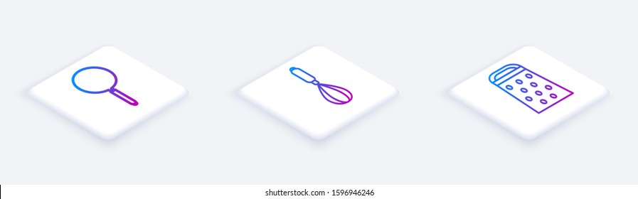 Set Isometric line Frying pan , Kitchen whisk  and Grater . White square button. Vector