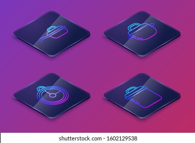 Set Isometric line Frying pan , Kitchen timer , Cooking pot  and Cooking pot . Blue square button. Vector