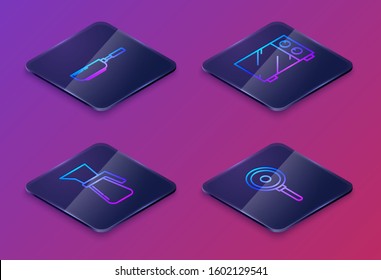 Set Isometric line Frying pan , Measuring cup, Microwave oven  and Frying pan . Blue square button. Vector