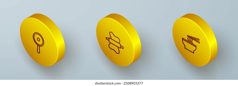 Set Isometric line Frying pan, Rolling pin on dough and Asian noodles bowl icon. Vector