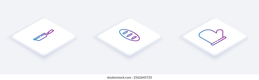 Set Isometric line Frying pan, Bread loaf and Oven glove. White square button. Vector