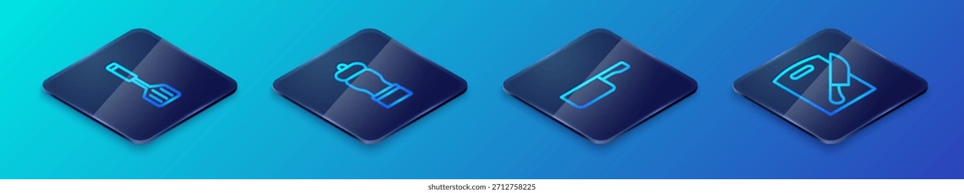 Conjunto de línea isométrica Sartén, espátula, tabla de cortar y cuchillo y icono de pimienta. Vector