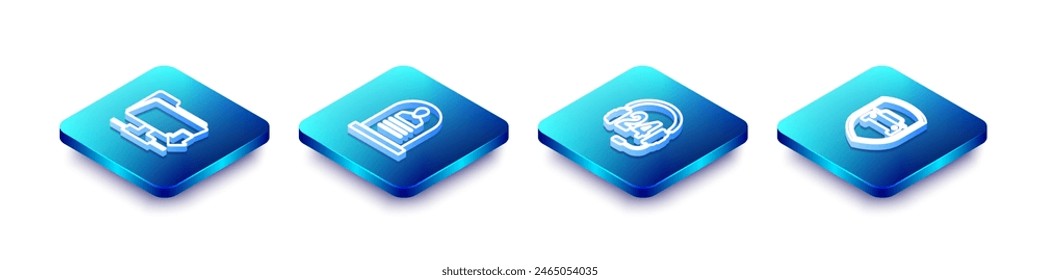 Set Isometric line FTP folder download, Tombstone with RIP written, Headphone for support and Car protection insurance icon. Vector