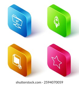 Set Isometric line FTP operation successful, Rocket ship with fire, Unknown document and Star icon. Vector