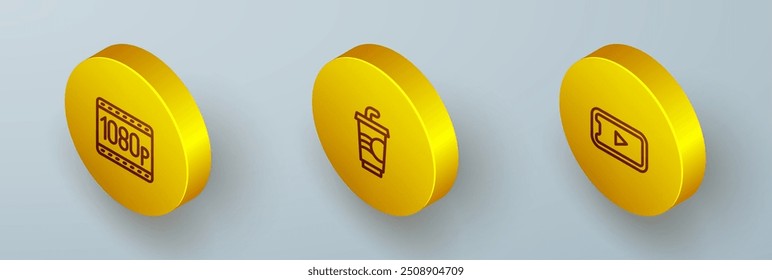 Set Isometrische Linie Full HD 1080p, Papierglas mit Wasser und Online-Video-Symbol. Vektorgrafik