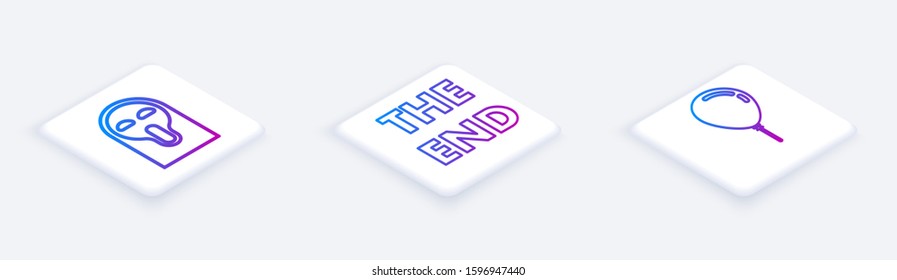 Set Isometric line Funny and scary ghost mask, The End handwritten inscription  and Balloon with ribbon . White square button. Vector