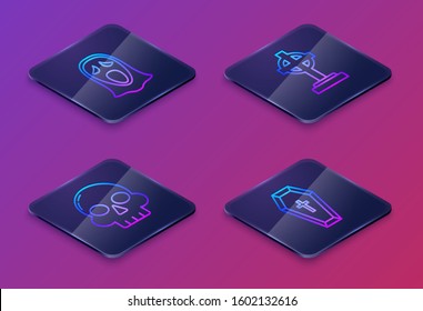 Set Isometric line Funny and scary ghost mask for Halloween , Skull , Tombstone with cross  and Coffin with christian cross . Blue square button. Vector