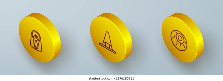 Set Isometric line Funny and scary ghost mask, Witch hat and Eye icon. Vector
