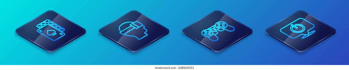 Set Isometric line Game controller or joystick, Playing cards, Power button and Virtual reality glasses icon. Vector