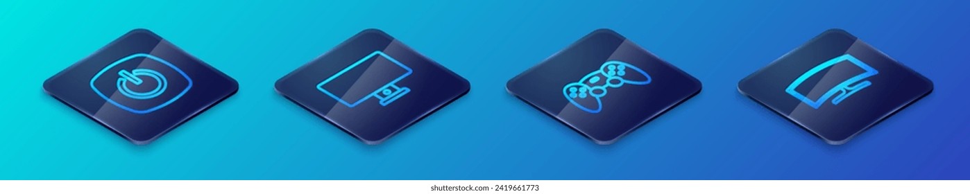 Set Isometric line Game controller or joystick, Power button, Computer monitor and  icon. Vector