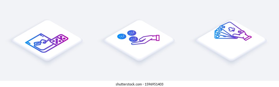 Set Isometric line Game dice and glass of whiskey with ice cubes, Hand holding casino chips and Hand holding playing cards. White square button. Vector