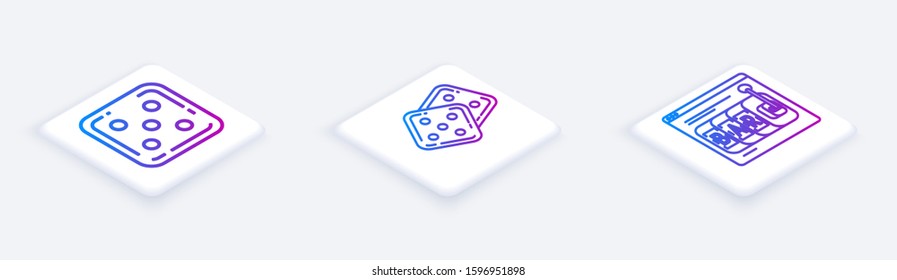 Set Isometric line Game dice, Game dice and Online slot machine. White square button. Vector