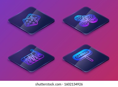 Set Isometric line Game dice, Slot machine with lucky sevens jackpot, Casino chips and Casino signboard. Blue square button. Vector