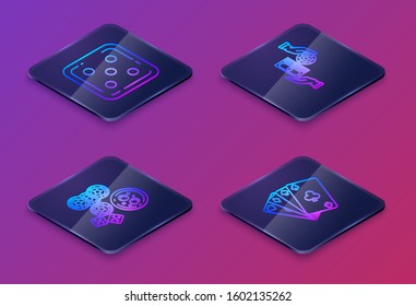 Set Isometric line Game dice, Casino chips, game dice and glass of whiskey with ice cubes, Casino chips exchange on stacks of dollars and Playing cards. Blue square button. Vector