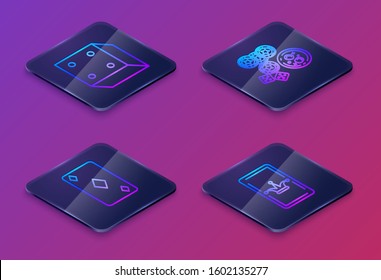 Set Isometric line Game dice, Playing card with diamonds symbol, Casino chips, game dice and glass of whiskey with ice cubes and Joker playing card. Blue square button. Vector