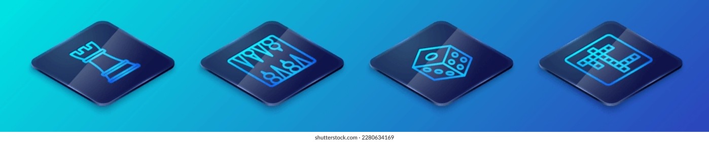 Set Isometric line Game dice, Chess, Crossword and Backgammon board icon. Vector