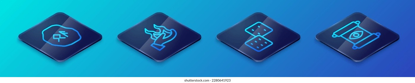 Set Isometric line Game dice, Magic runes, scroll and Hand holding fire icon. Vector