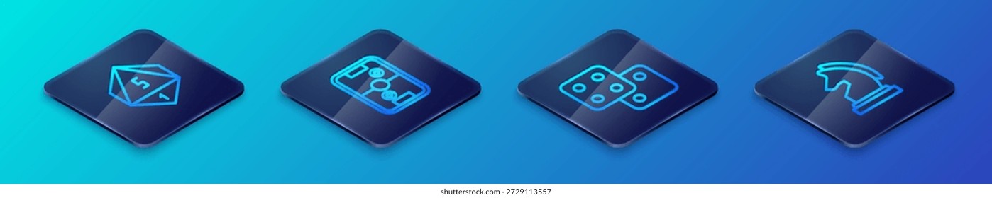Conjunto de dados de juego de línea isométrica, ajedrez y hockey de aire icono de mesa. Vector
