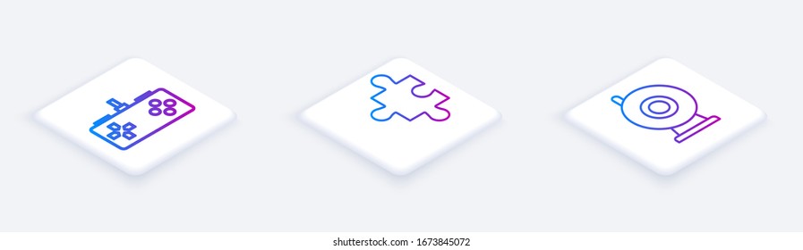Set Isometric line Gamepad, Piece of puzzle and Web camera. White square button. Vector
