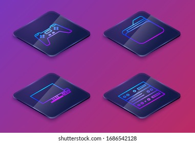 Establecer Gamepad de línea isométrica, Smart Tv, carpeta de documento y servidor, datos, alojamiento web. Botón cuadrado azul. Vector