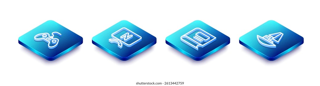 Set Isometric line Gamepad, Smart Tv, Book and Toy boat icon. Vector