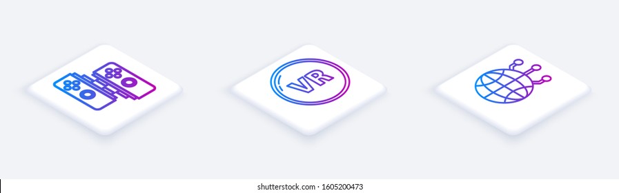 Set Isometric line Gamepad, Virtual reality and Global technology or social network. White square button. Vector