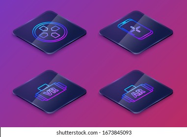 Set Isometric line Gamepad, Virtual reality glasses, Smartphone and playing in game and Ar, augmented reality. Blue square button. Vector
