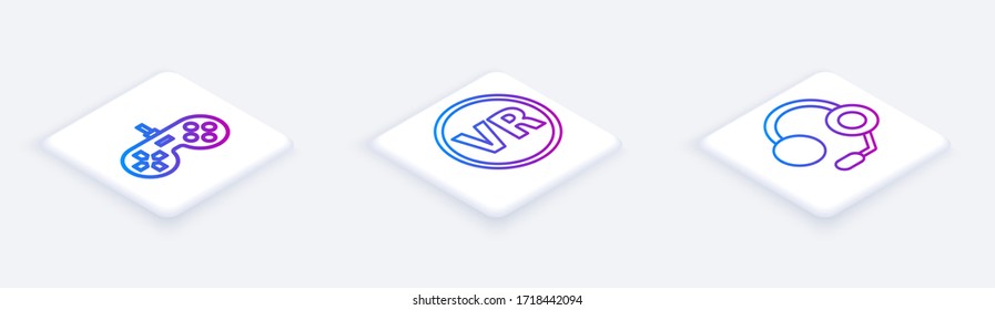 Set Isometric line Gamepad, Virtual reality glasses and Headphones. White square button. Vector