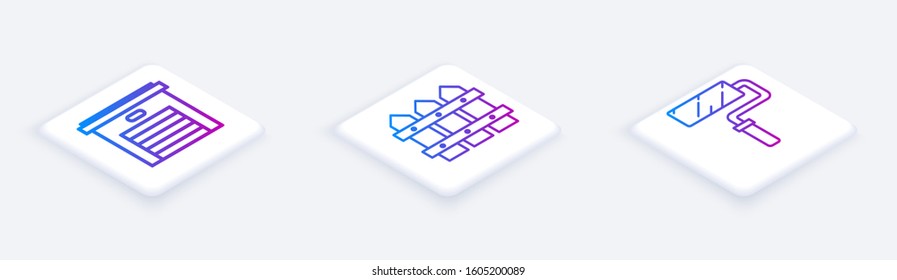 Set Isometric line Garage, Garden fence wooden and Paint roller brush. White square button. Vector