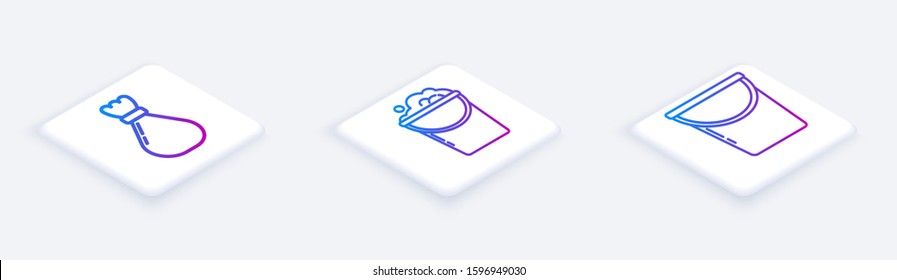 Set Isometric line Garbage bag , Bucket with foam and bubbles  and Bucket . White square button. Vector
