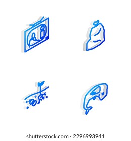 Set Isometric line Garbage bag, Stop plastic pollution, Problem of planet and Environment protection whale dead icon. Vector