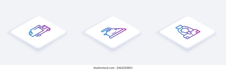 Set Línea isométrica Camión de basura, plancha eléctrica y servicio de limpieza de señora. Botón cuadrado blanco. Vector