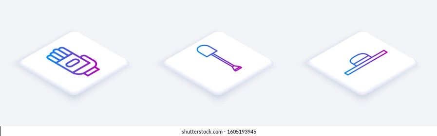 Set Isometric line Garden gloves, Shovel and Worker hat. White square button. Vector