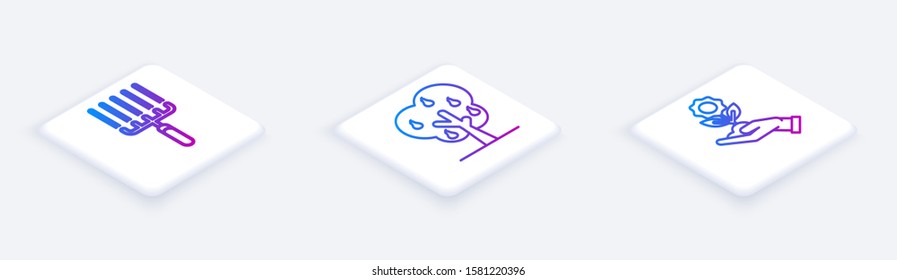 Set Isometric line Garden rake in work, Tree with pears and Hand holding flower. White square button. Vector
