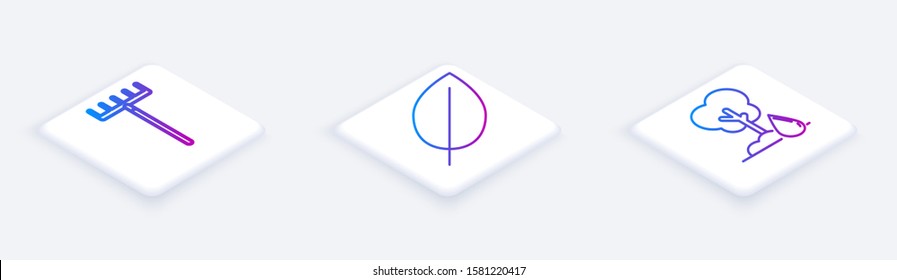 Set Isometric line Garden rake, Leaf and Watering Tree. White square button. Vector