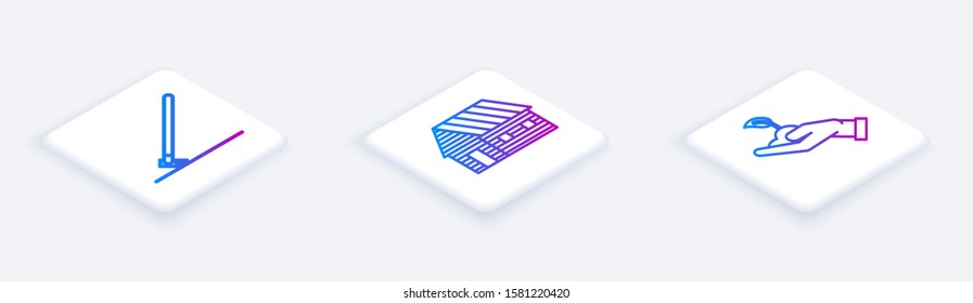 Set Isometric line Garden rake in work, Farm house and Sprout in hand of environmental protection. White square button. Vector