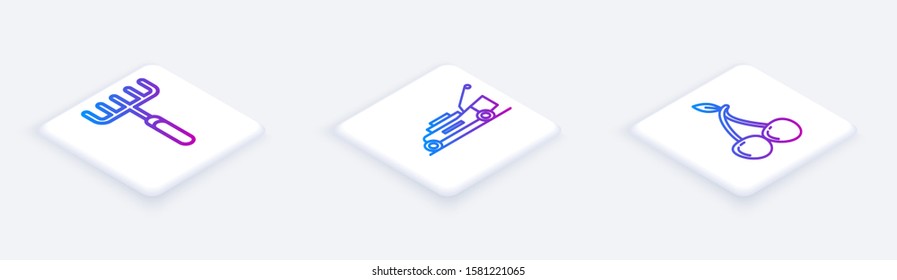 Set Isometric line Garden rake, Lawn mower and Cherry. White square button. Vector