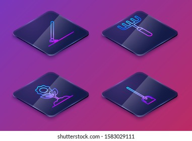 Set Isometric line Garden rake in work, Flower, Garden rake and Shovel. Blue square button. Vector