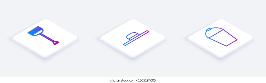 Set Isometric line Garden rake, Worker hat and Bucket. White square button. Vector