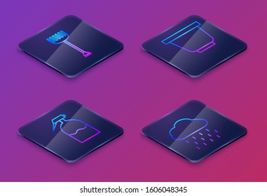 Set Isometric line Garden rake, Garden sprayer, Flower pot and Cloud with rain. Blue square button. Vector
