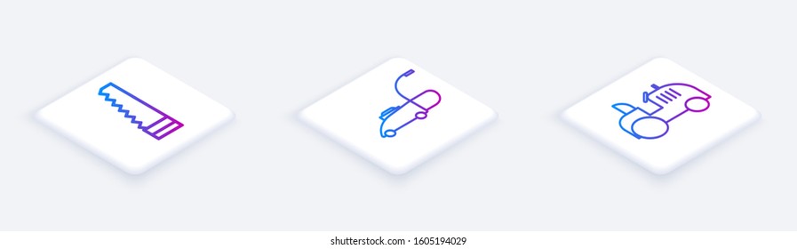 Set Isometric line Garden saw, Lawn mower and Tractor. White square button. Vector