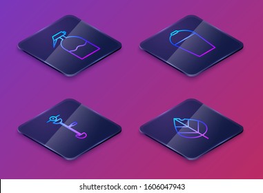 Set Isometric line Garden sprayer, Grass and weed electric string trimmer, Bucket and Leaf. Blue square button. Vector