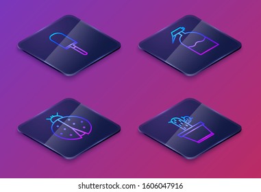 Set Isometric line Garden trowel spade or shovel, Ladybug, Garden sprayer and Cactus and succulent in pot. Blue square button. Vector
