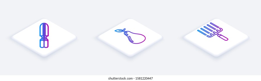 Set Isometric line Gardening handmade scissors for trimming, Pear and Garden rake in work. White square button. Vector