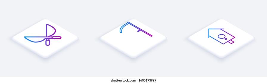 Set Isometric line Gardening handmade scissors, Scythe and Retro wall watch. White square button. Vector
